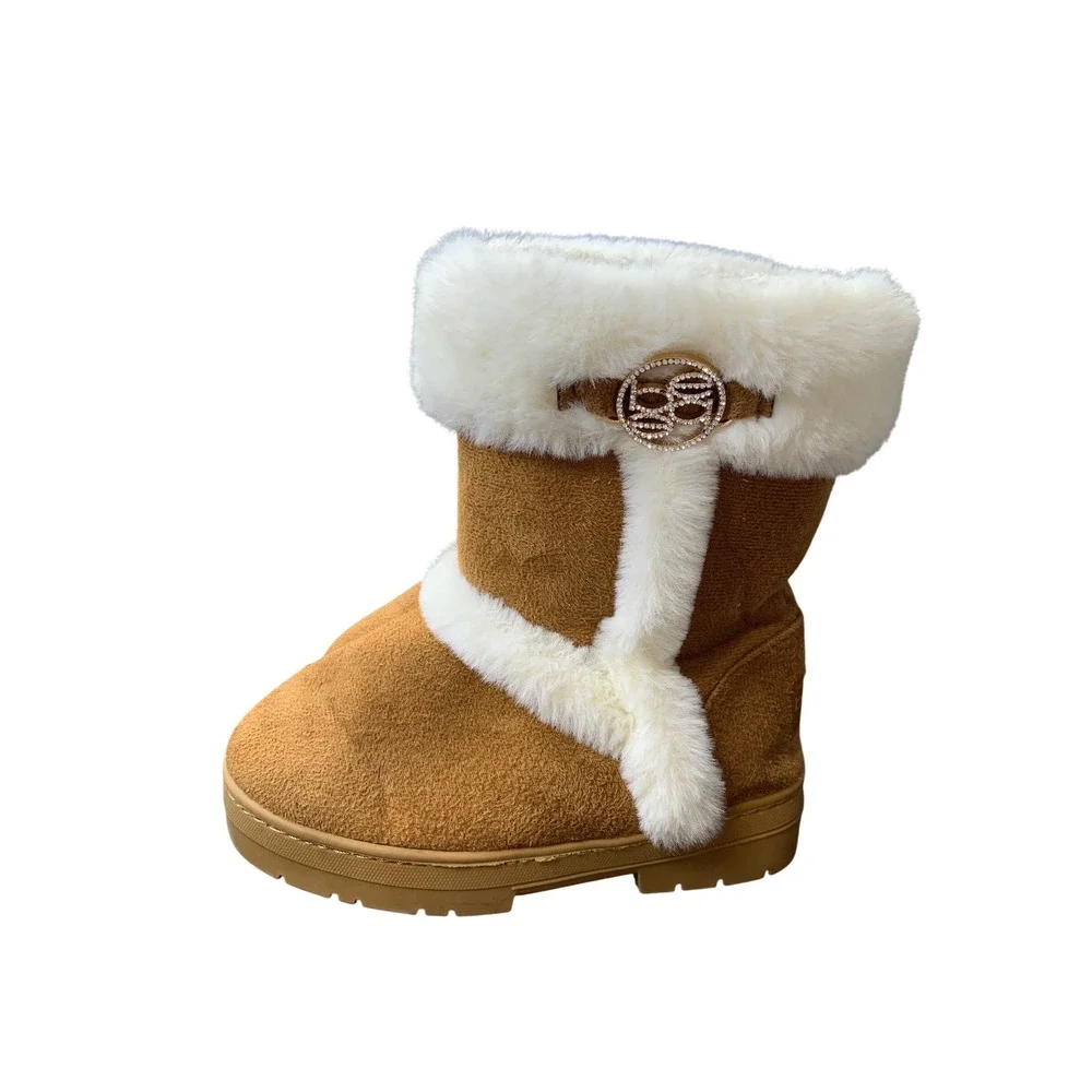 Bebe Girls Faux Fur Winter Boots Tan Brown‎ w/ Rhinestone Buckle Accent Size 11